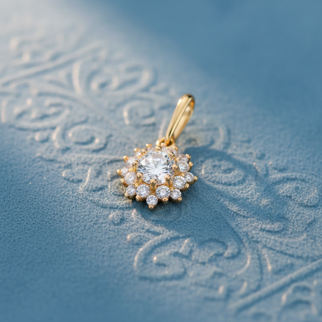 Solid 14K Yellow Gold Star Round Halo CZ Pendant for Women and Teens