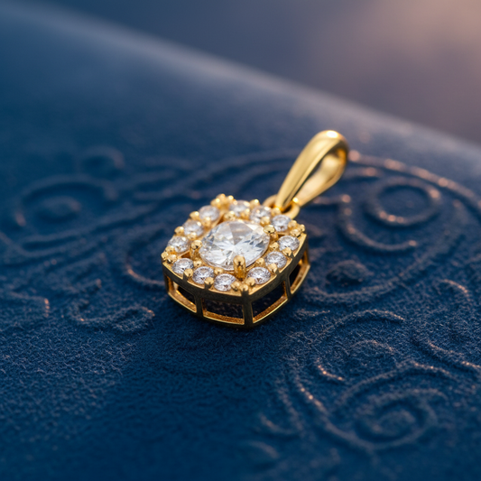 Solid 14K Yellow Gold Round Halo CZ Pendant for Women and Teens