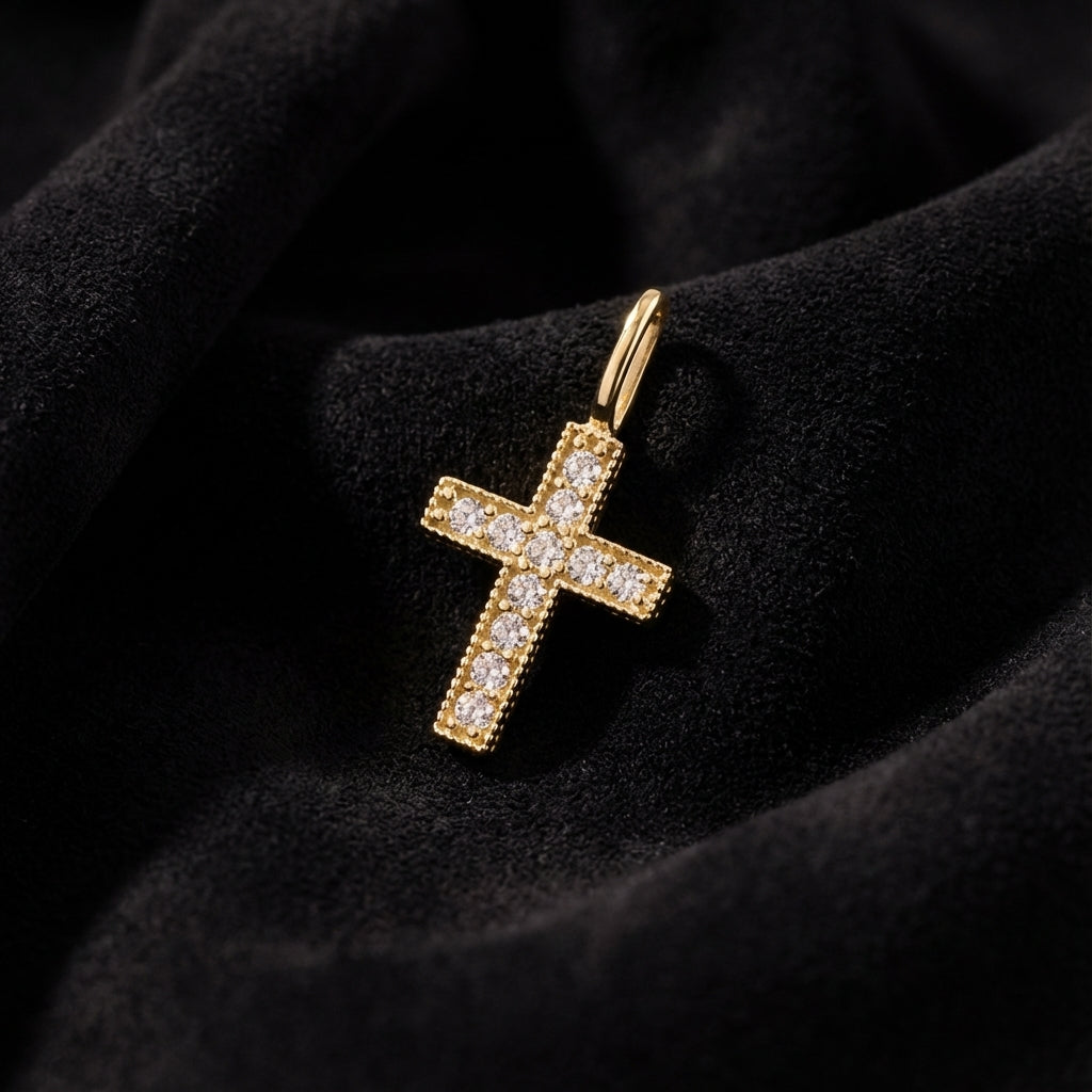 Solid 14k Gold Small Cross CZ Pendant for Women and Teens