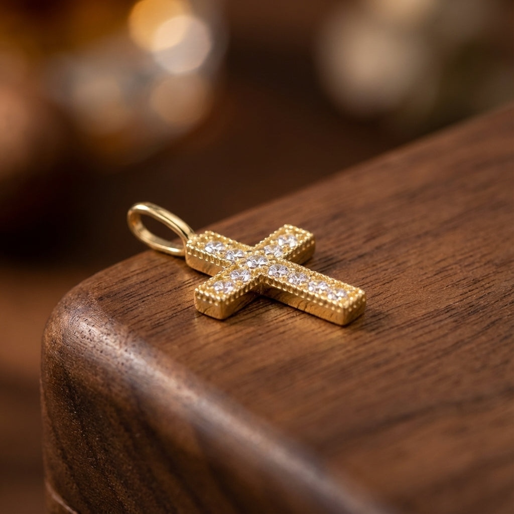 Solid 14k Gold Small Cross CZ Pendant for Women and Teens