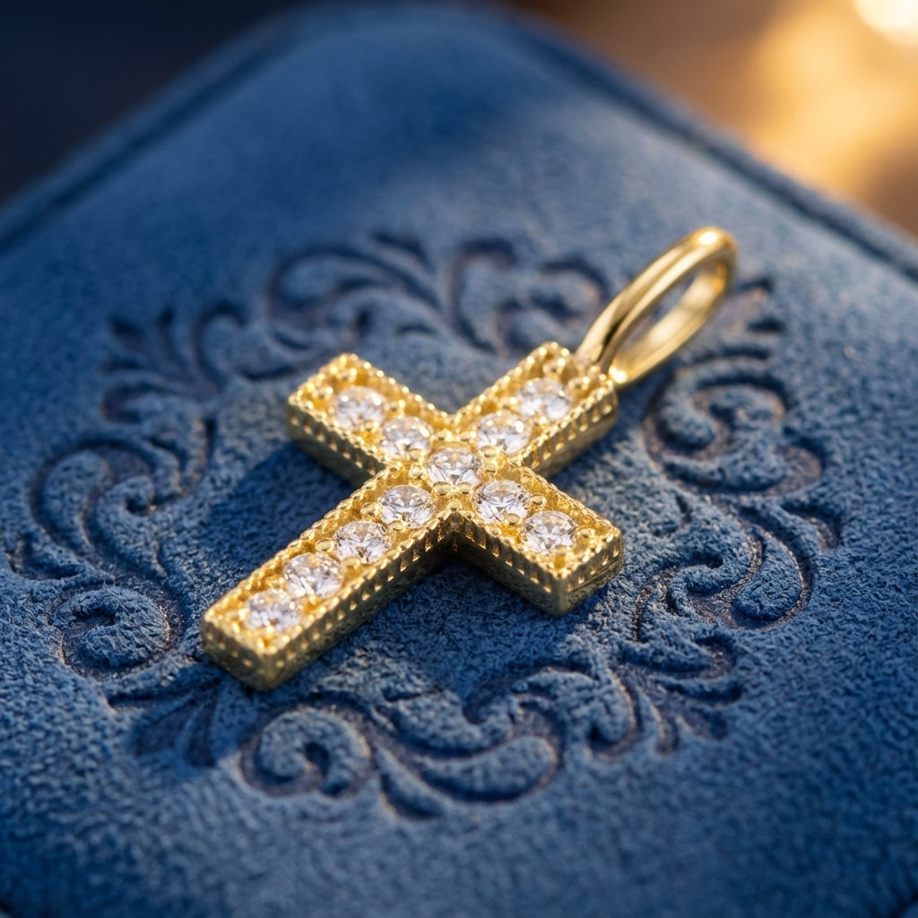Solid 14k Gold Small Cross CZ Pendant for Women and Teens