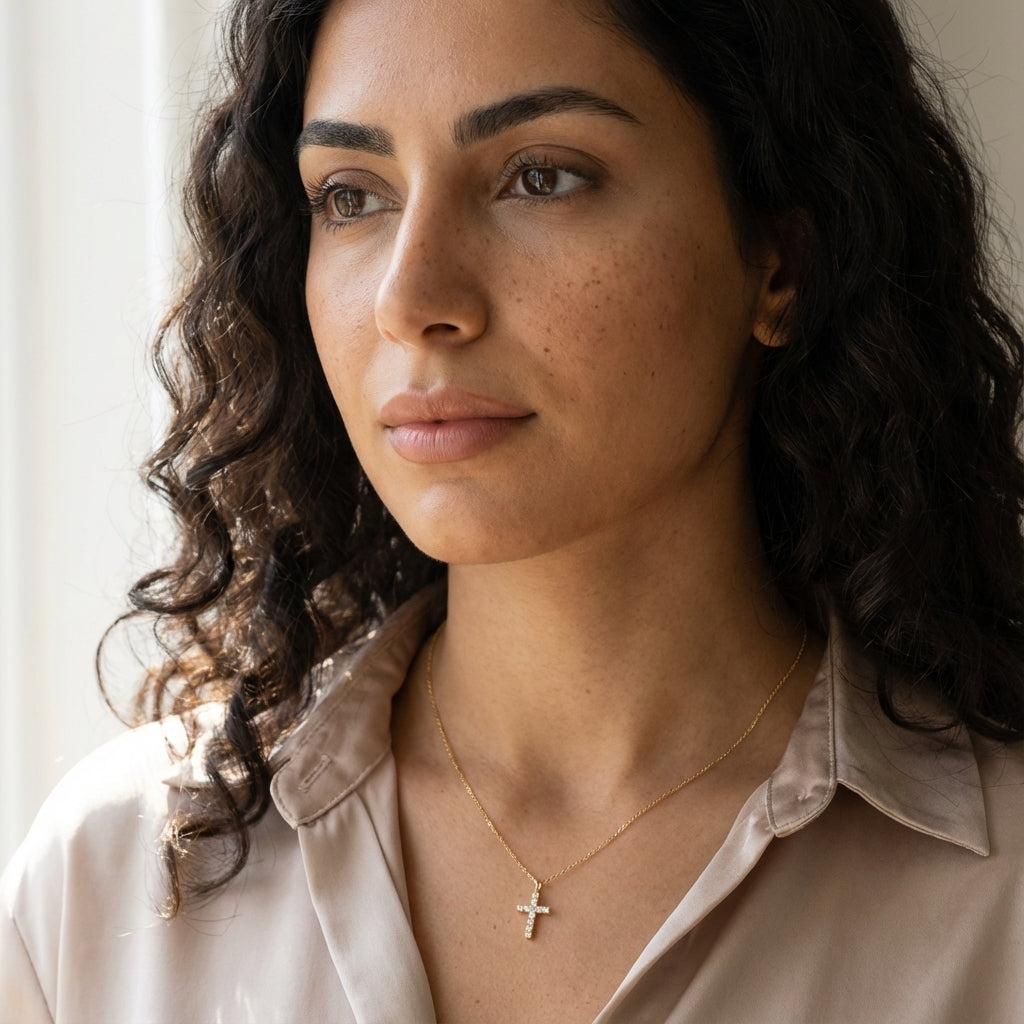 Solid 14k Gold Small Cross CZ Pendant for Women and Teens