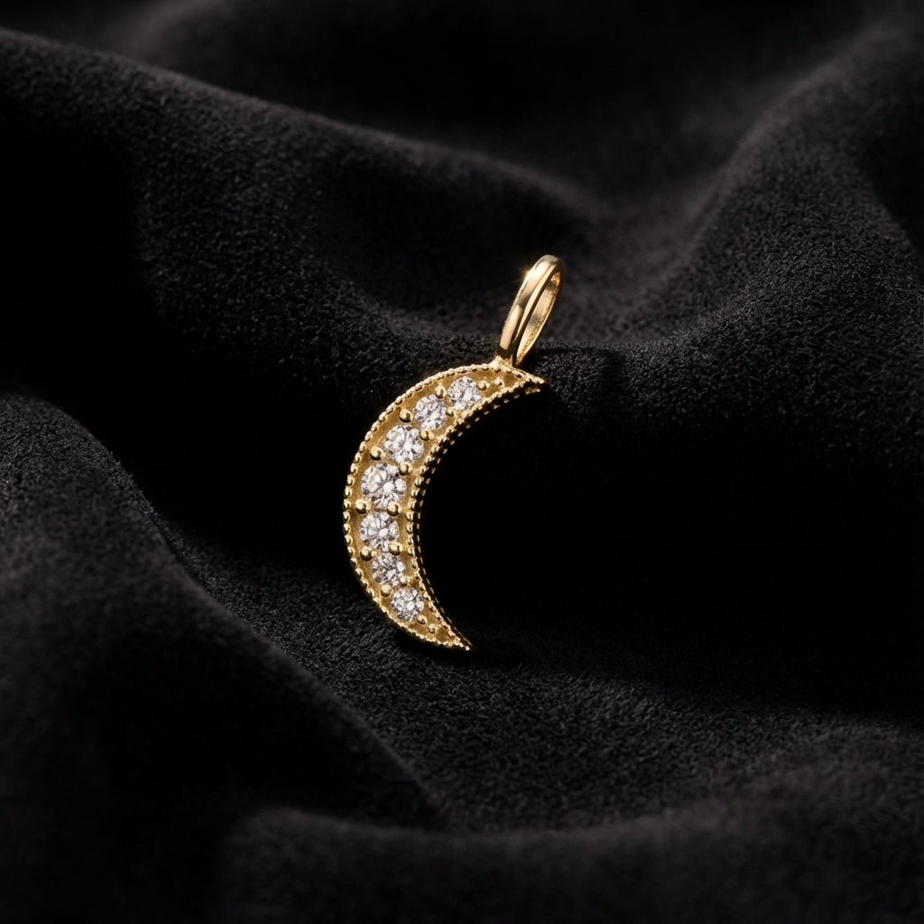 Solid 14k Gold Crescent Moon CZ Pendant for Women and Teens