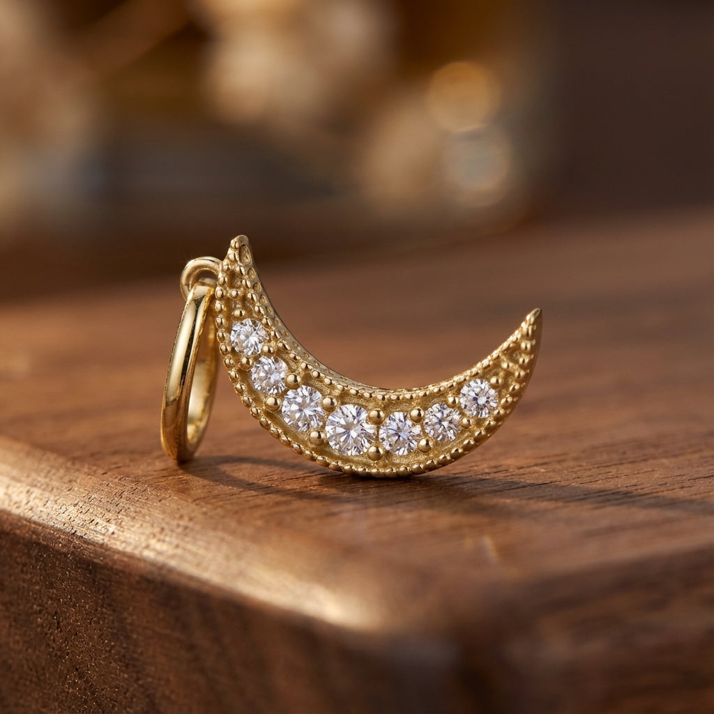 Solid 14k Gold Crescent Moon CZ Pendant for Women and Teens