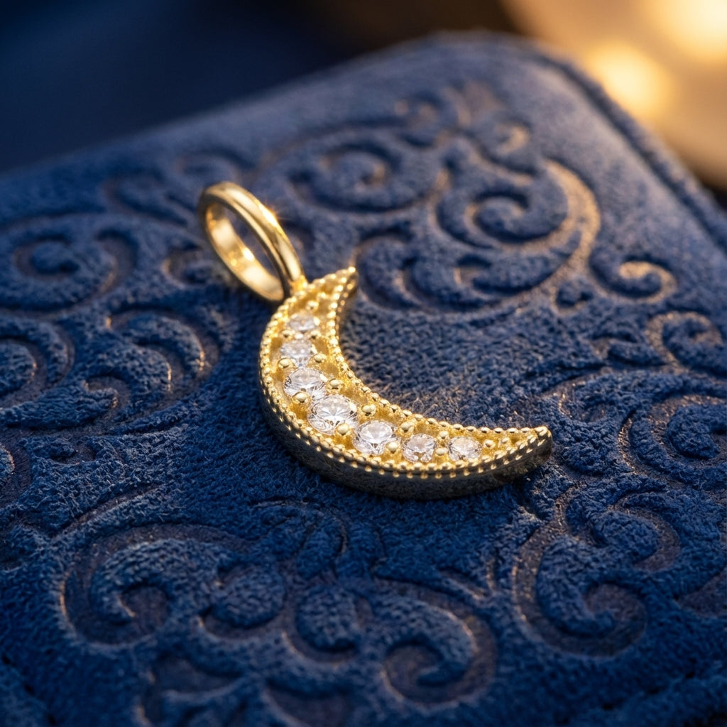 Solid 14k Gold Crescent Moon CZ Pendant for Women and Teens