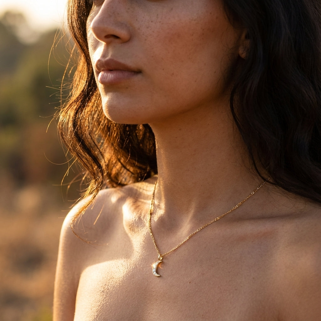 Solid 14k Gold Crescent Moon CZ Pendant for Women and Teens