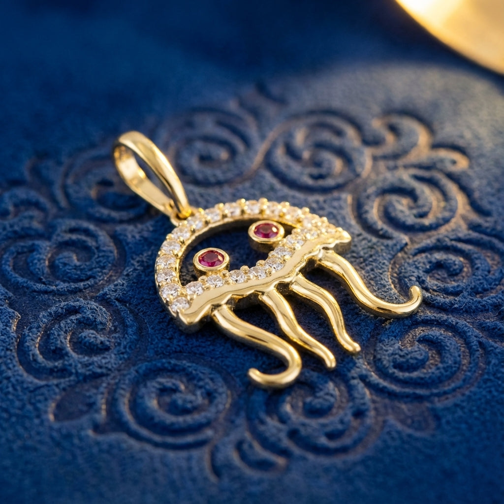 Solid 14k Gold Jellyfish CZ Pendant for Women and Teens
