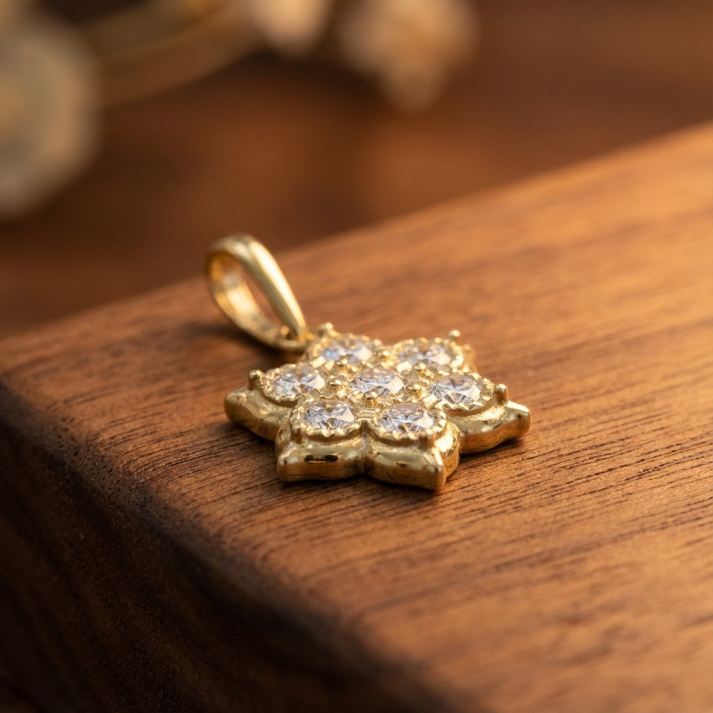 Solid 14k Gold Flower CZ Pendant for Women and Teens