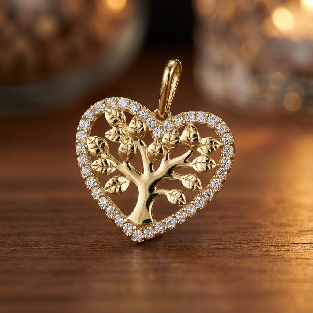 Solid 14k Gold Tree of Life in Heart CZ Pendant for Women and Teens