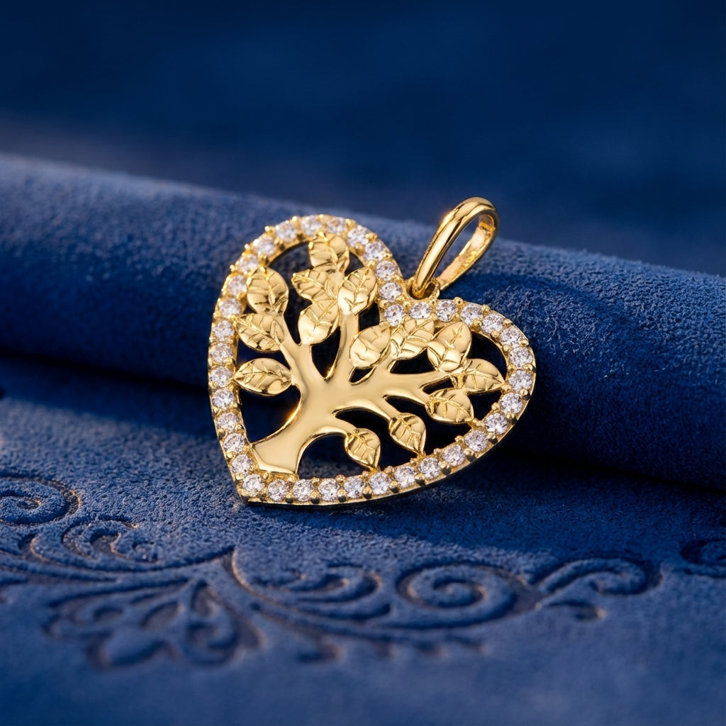 Solid 14k Gold Tree of Life in Heart CZ Pendant for Women and Teens