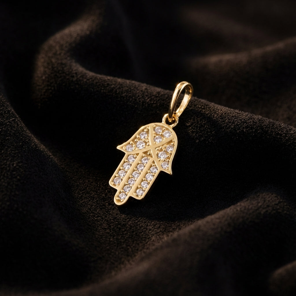 Solid 14k Religious Hamsa CZ Gold Pendant for Women and Teens