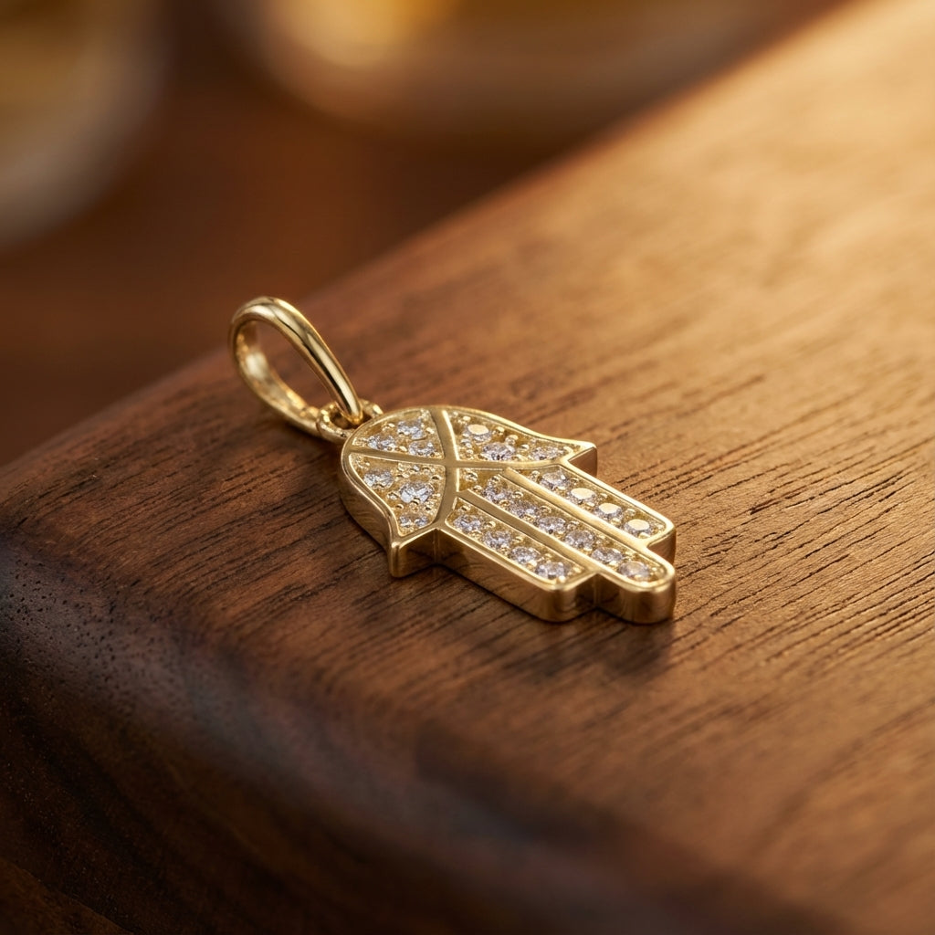 Solid 14k Religious Hamsa CZ Gold Pendant for Women and Teens