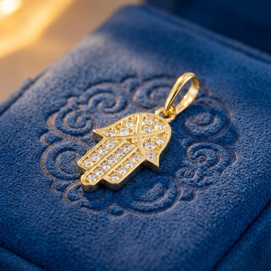 Solid 14k Religious Hamsa CZ Gold Pendant for Women and Teens