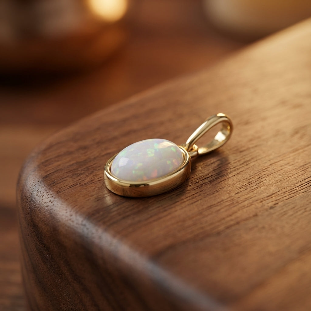 Solid 14k Gold Minimalist Oval Opal Pendant for Women and Teens