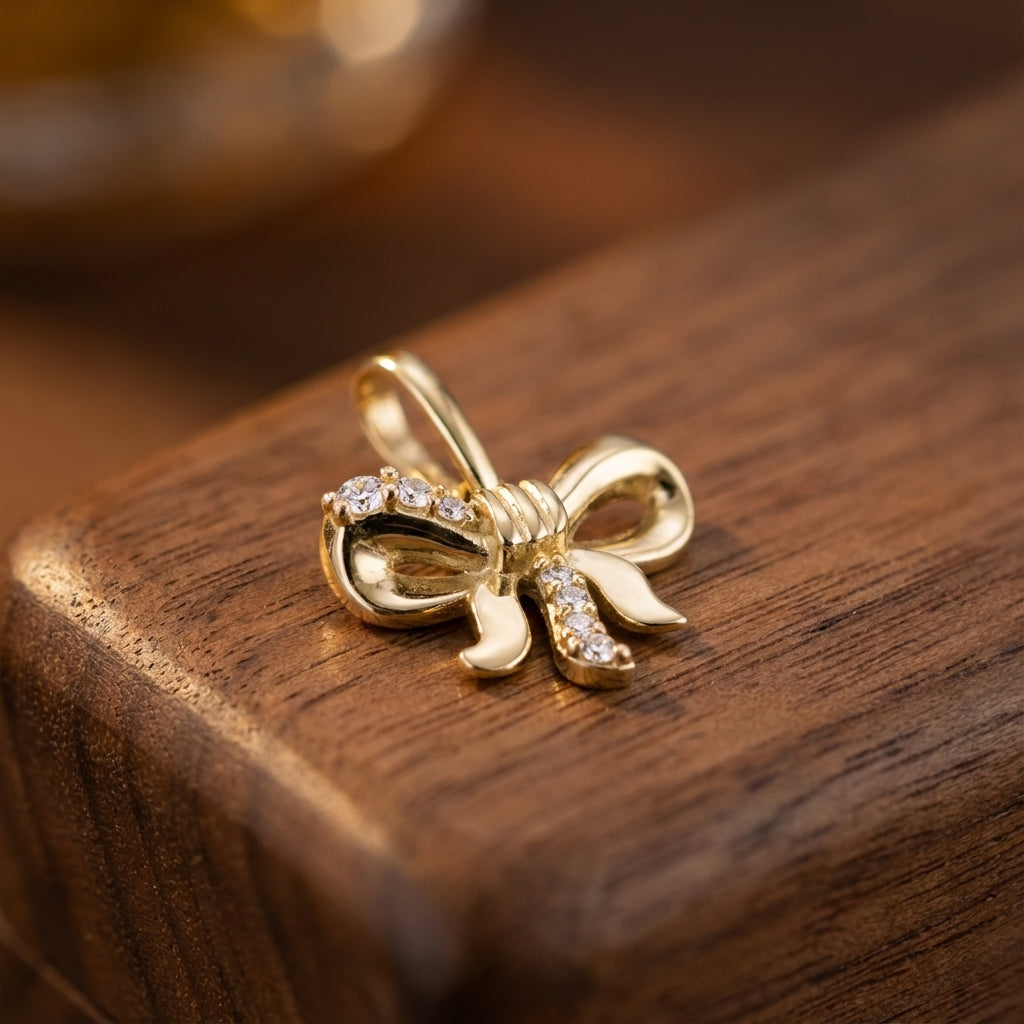 Solid 14k Gold Mini Bow CZ Pendant for Women and Teens
