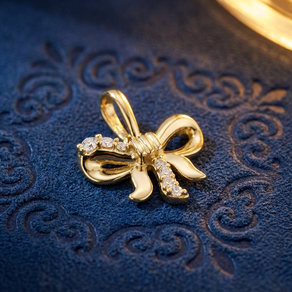 Solid 14k Gold Mini Bow CZ Pendant for Women and Teens