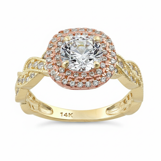 Vinali 14K Solid Two Tone Gold Double Halo Round CZ Engagement Ring