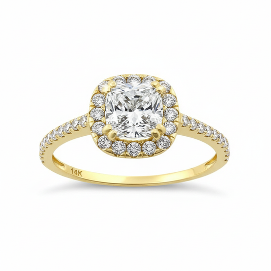 Vinali 14K Solid Yellow Gold 6mm Cushion CZ Halo Engagement Ring for Women