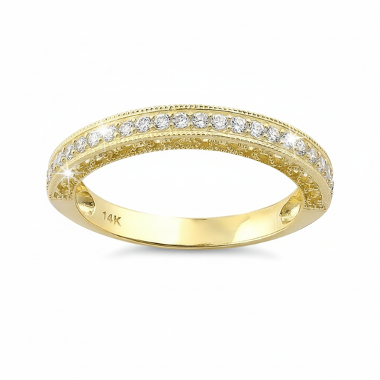 Vinali 14K Solid Yellow Gold 3.2mm Band Half Eternity CZ Wedding Band