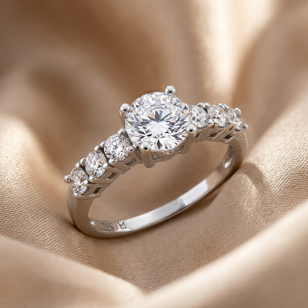 Vinali 14K Solid White Gold Round CZ Seven Stone Engagement Ring for Women worn and styled