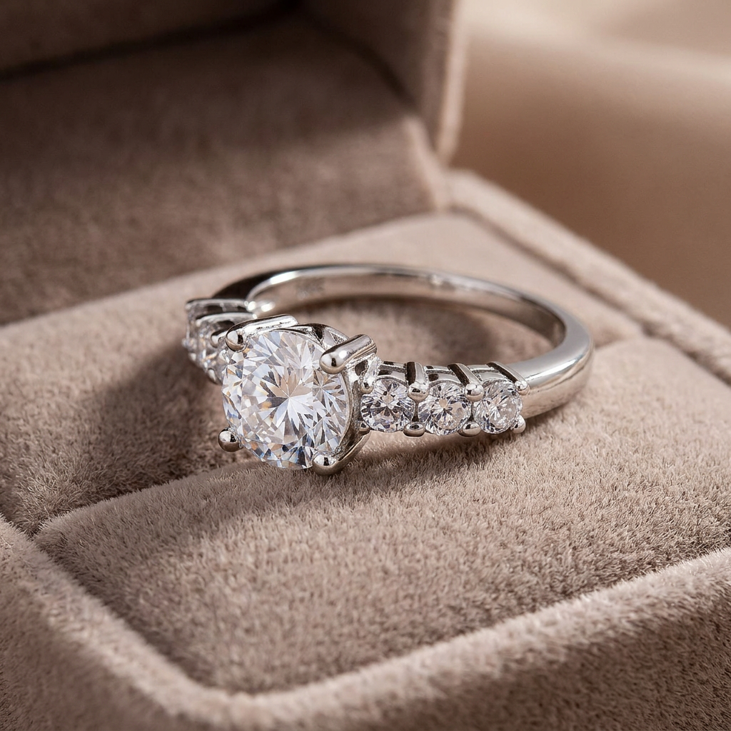 Vinali 14K Solid White Gold Round CZ Seven Stone Engagement Ring for Women worn and styled
