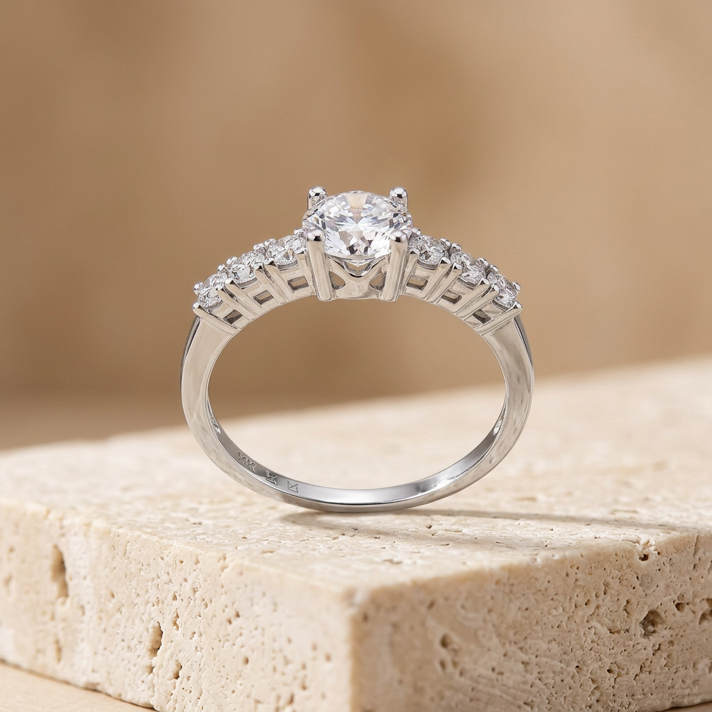 Vinali 14K Solid White Gold Round CZ Seven Stone Engagement Ring for Women worn and styled