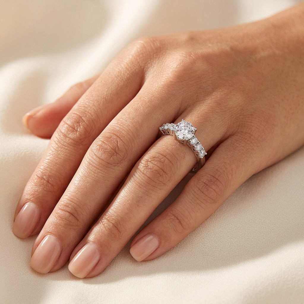 Vinali 14K Solid White Gold Round CZ Seven Stone Engagement Ring for Women worn and styled
