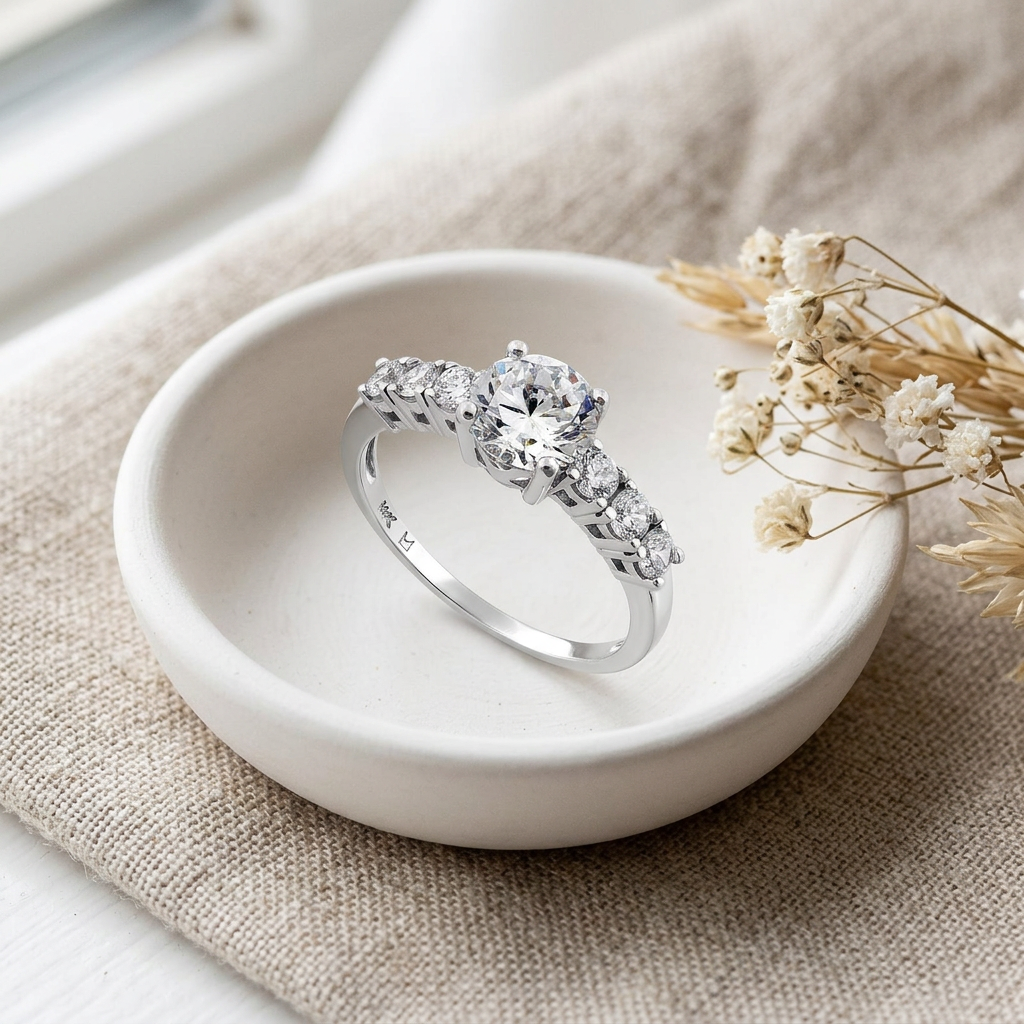 Vinali 14K Solid White Gold Round CZ Seven Stone Engagement Ring for Women worn and styled