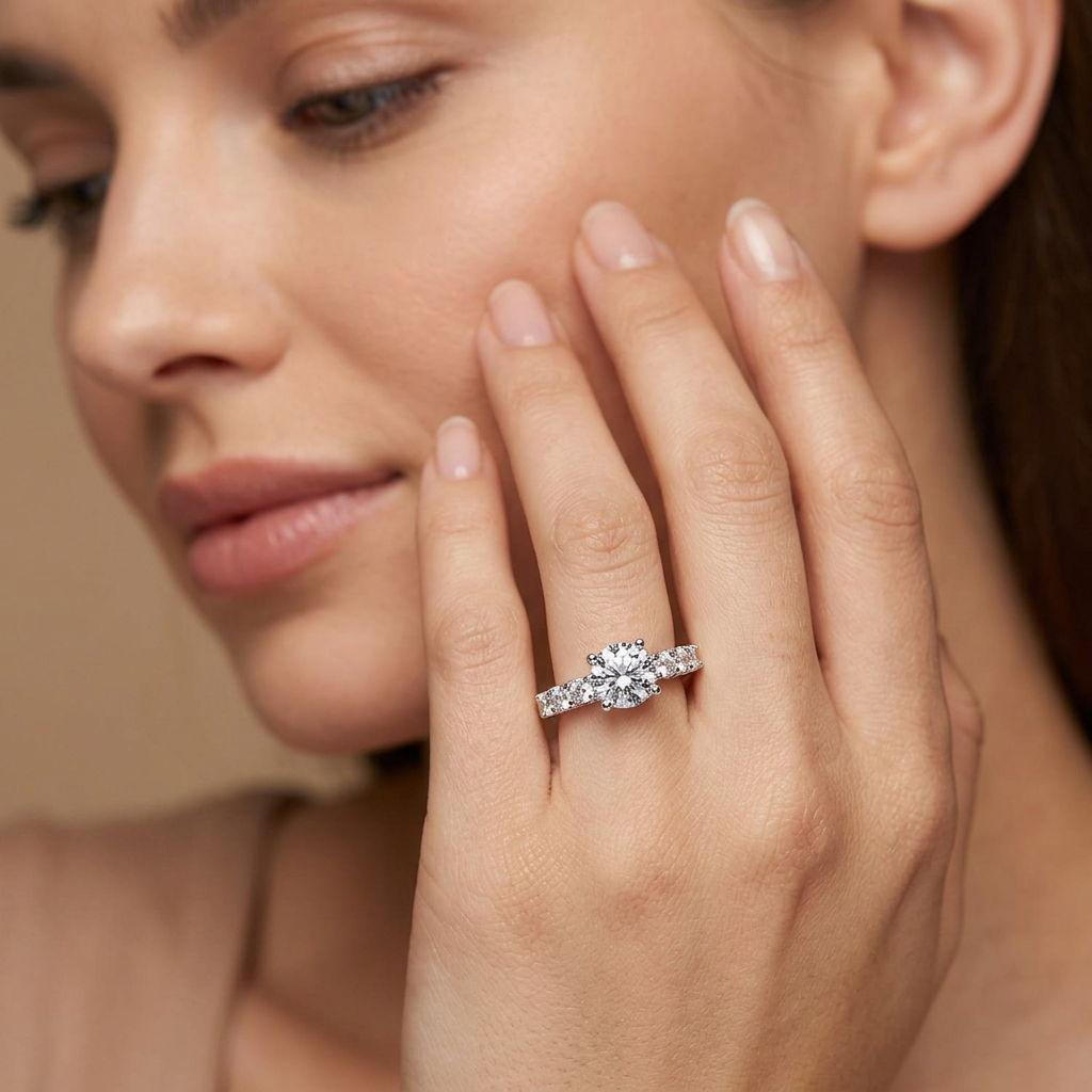 Vinali 14K Solid White Gold Round CZ Seven Stone Engagement Ring for Women worn and styled