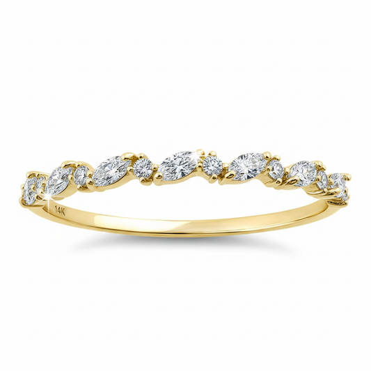 Vinali 14K Solid Yellow Gold Marquise and Round CZ Half Eternity Band