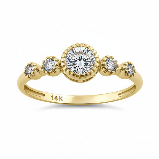 Vinali 14K Solid Yellow Gold Five Stone Round CZ Engagement Ring for Women
