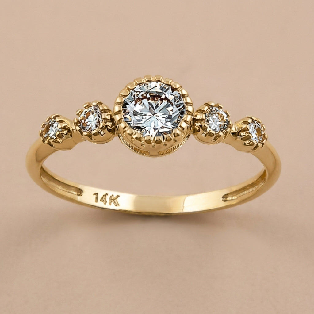 Vinali 14K Solid Yellow Gold Five Stone Round CZ Engagement Ring for Women worn and styled