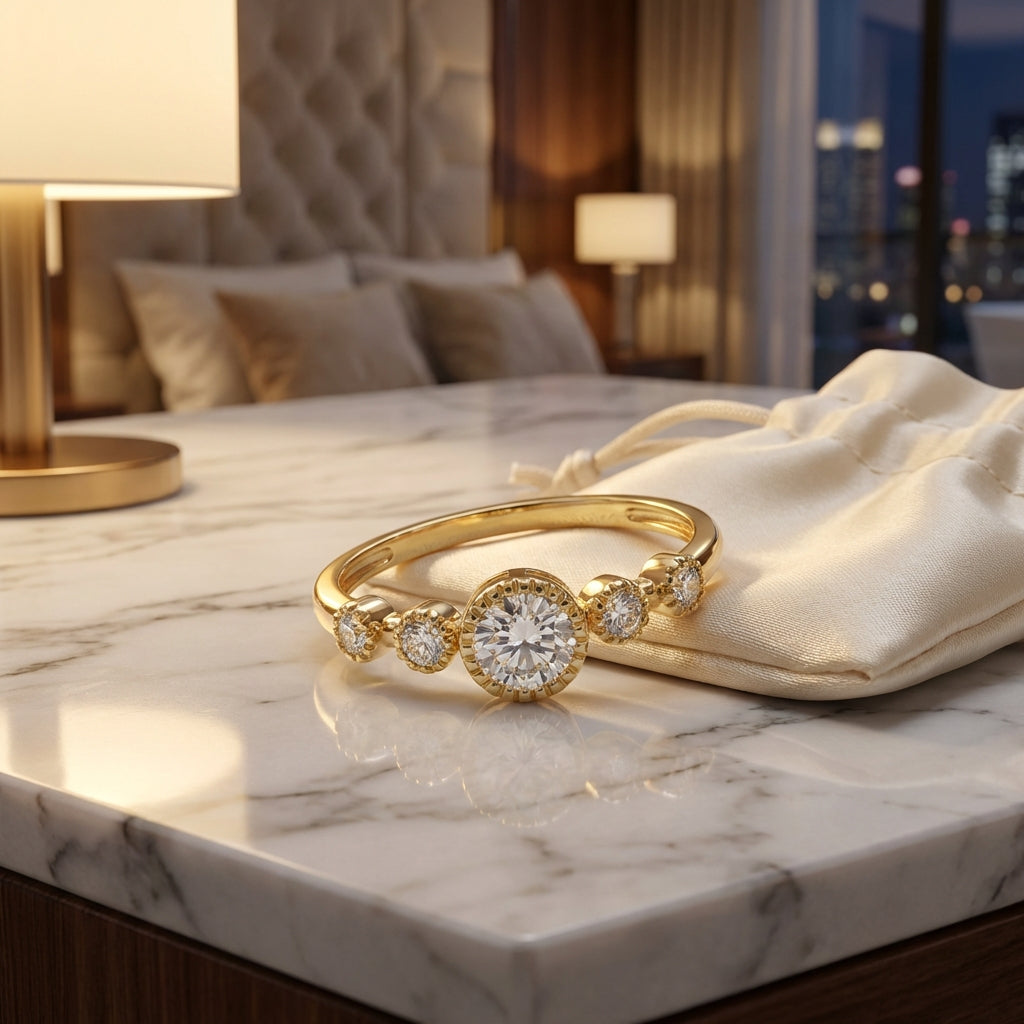 Vinali 14K Solid Yellow Gold Five Stone Round CZ Engagement Ring for Women worn and styled