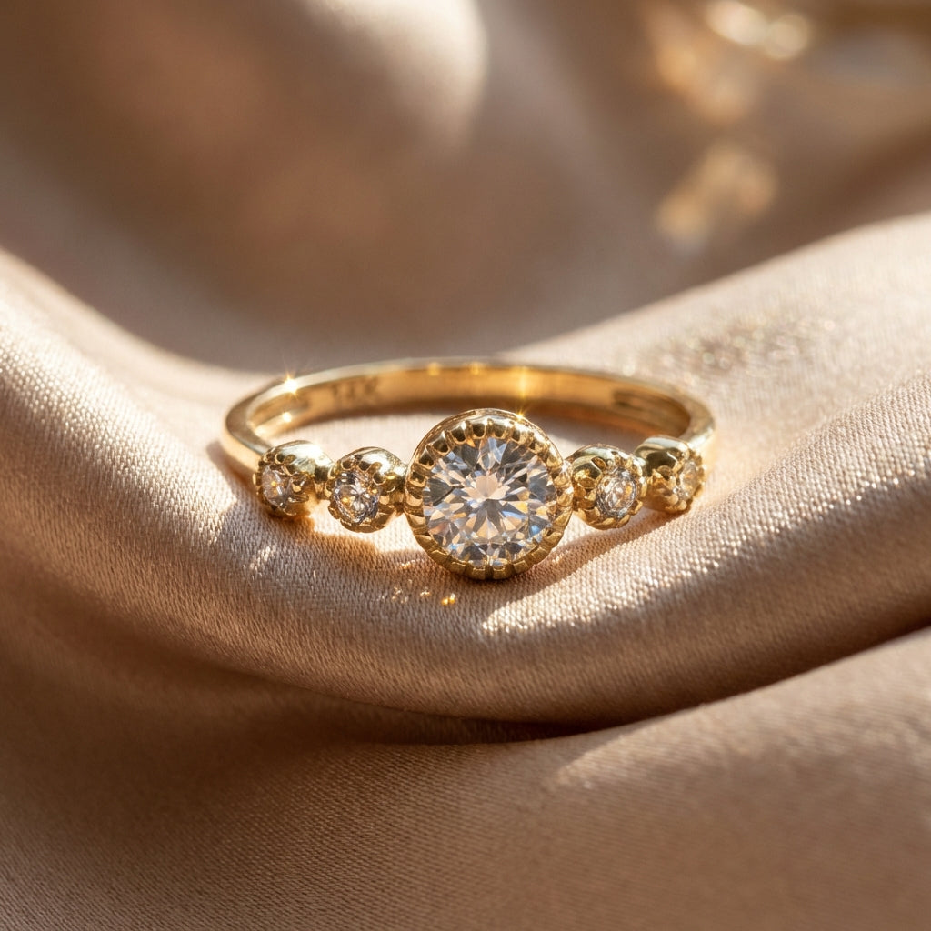 Vinali 14K Solid Yellow Gold Five Stone Round CZ Engagement Ring for Women worn and styled
