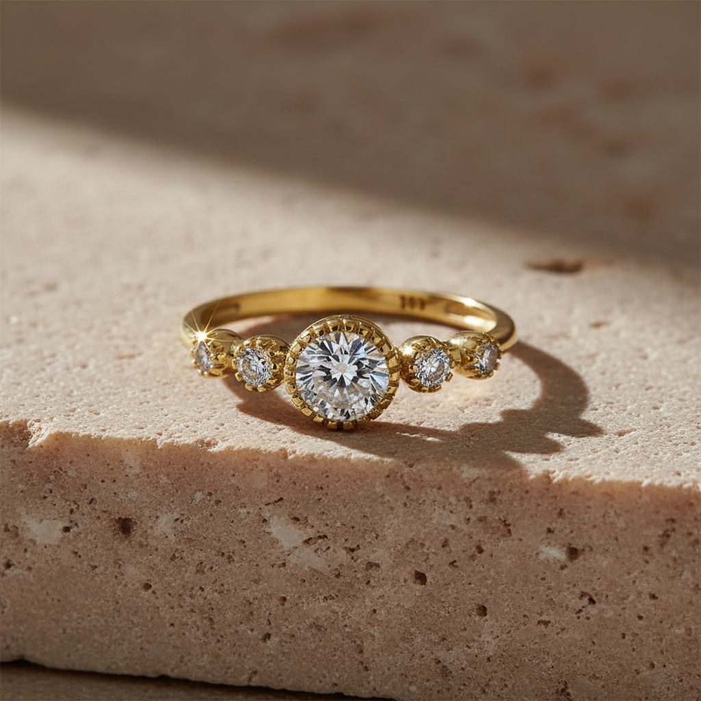 Vinali 14K Solid Yellow Gold Five Stone Round CZ Engagement Ring for Women worn and styled