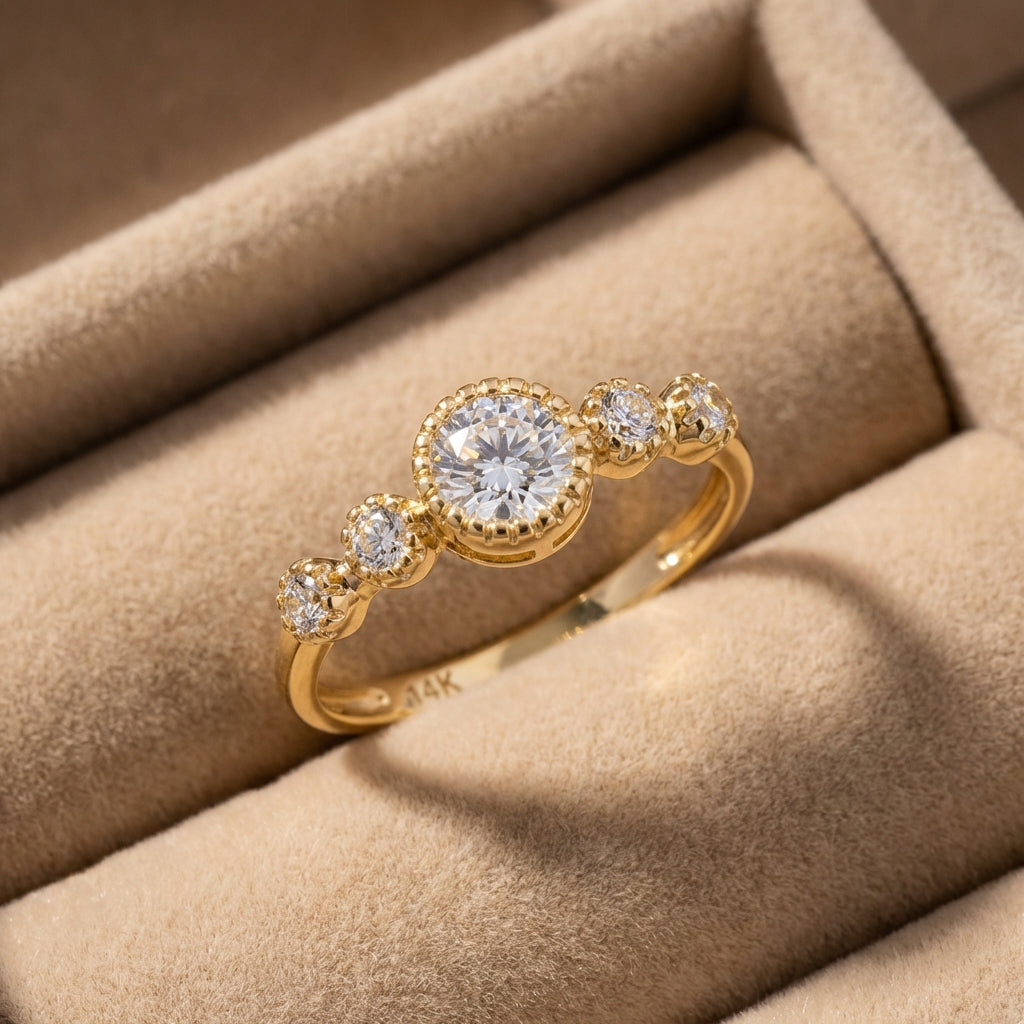 Vinali 14K Solid Yellow Gold Five Stone Round CZ Engagement Ring for Women worn and styled