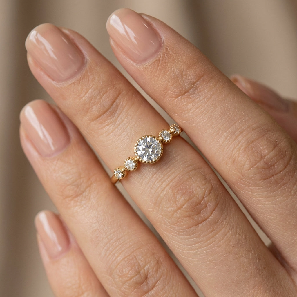 Vinali 14K Solid Yellow Gold Five Stone Round CZ Engagement Ring for Women worn and styled