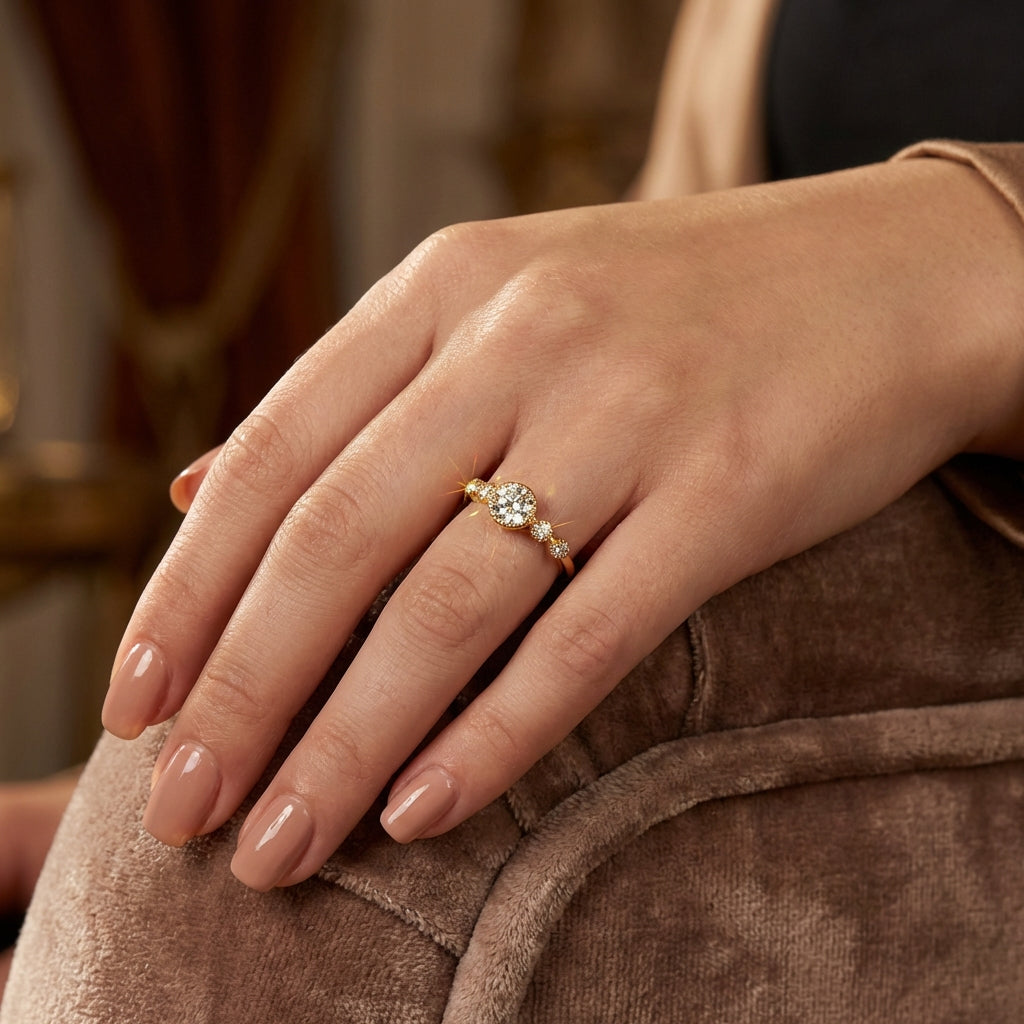Vinali 14K Solid Yellow Gold Five Stone Round CZ Engagement Ring for Women worn and styled
