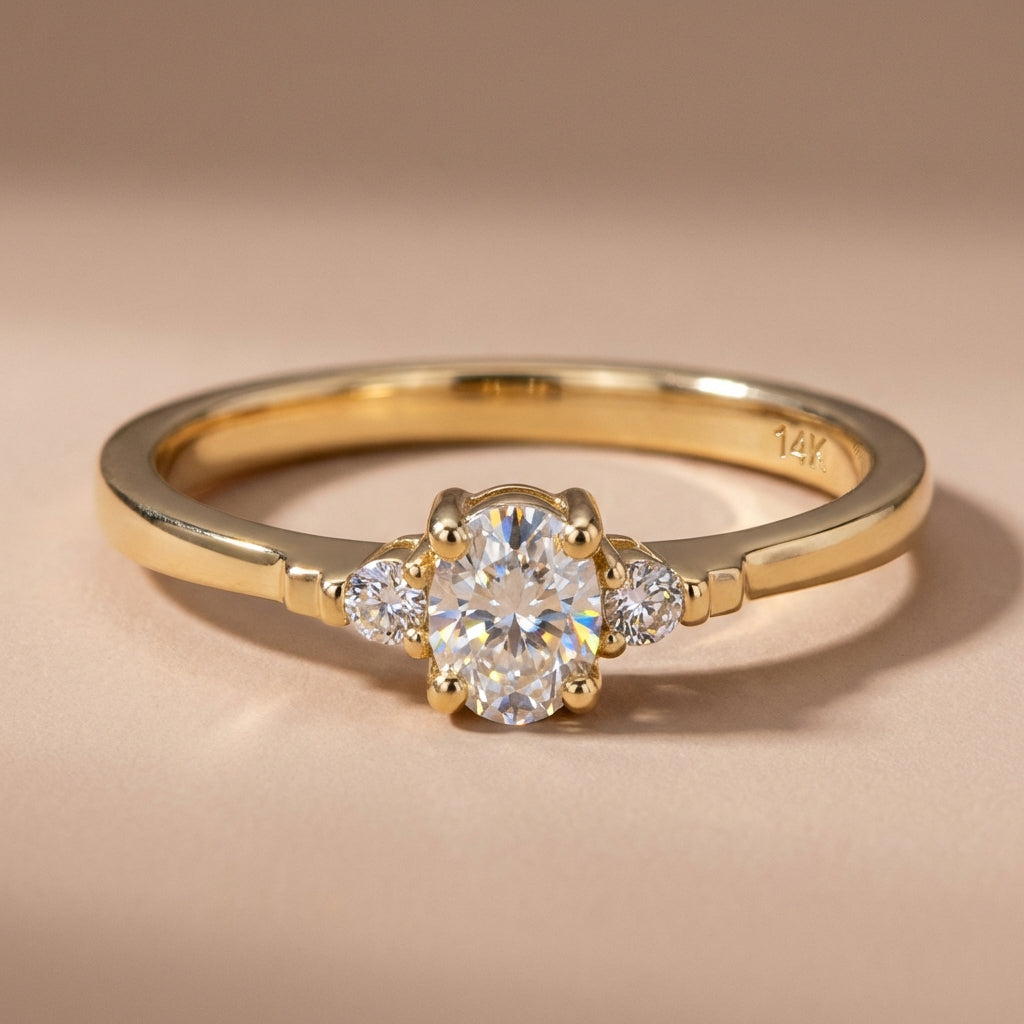 Vinali 14K Solid Yellow Gold Oval CZ Three Stone Engagement Ring for Women worn and styled