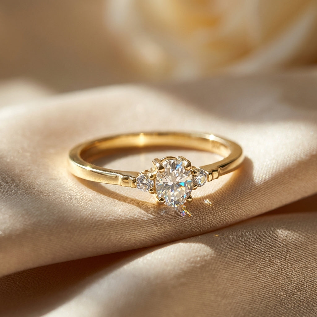 Vinali 14K Solid Yellow Gold Oval CZ Three Stone Engagement Ring for Women worn and styled