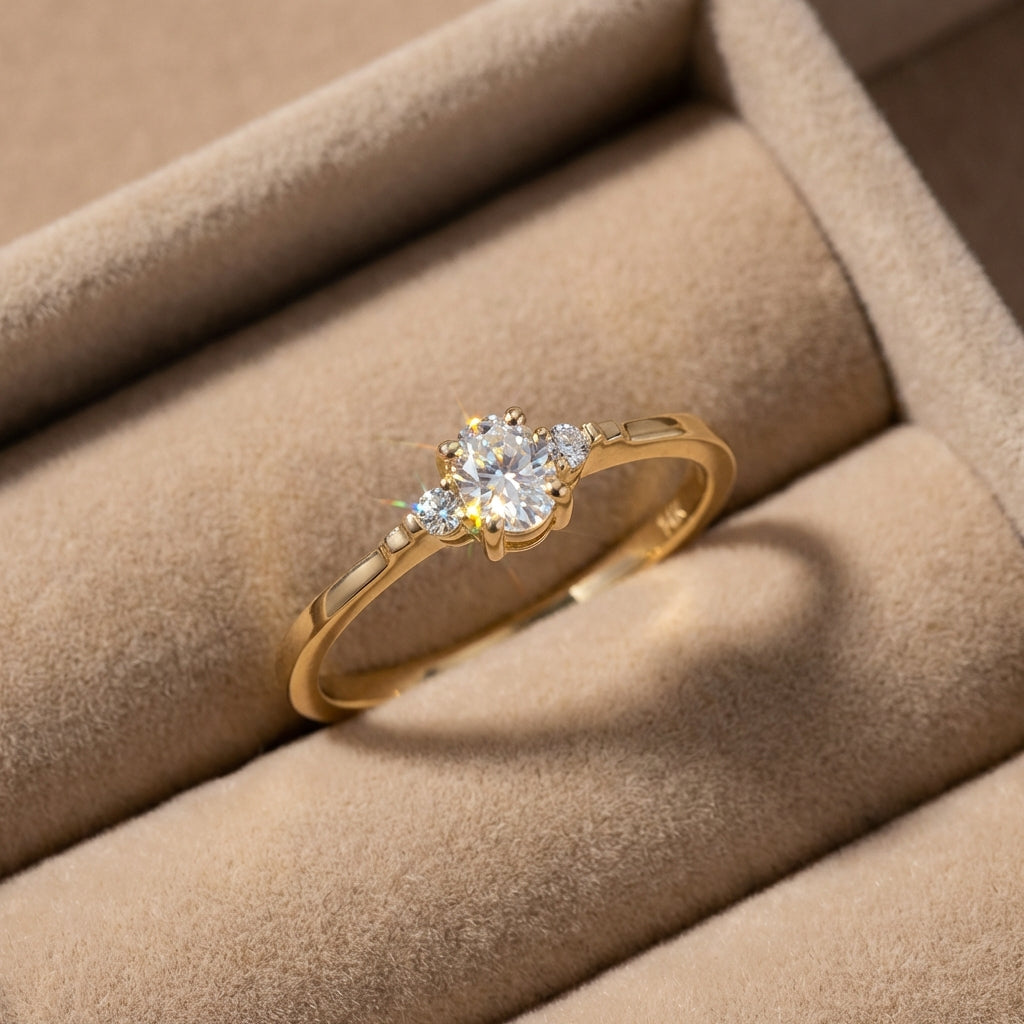 Vinali 14K Solid Yellow Gold Oval CZ Three Stone Engagement Ring for Women worn and styled