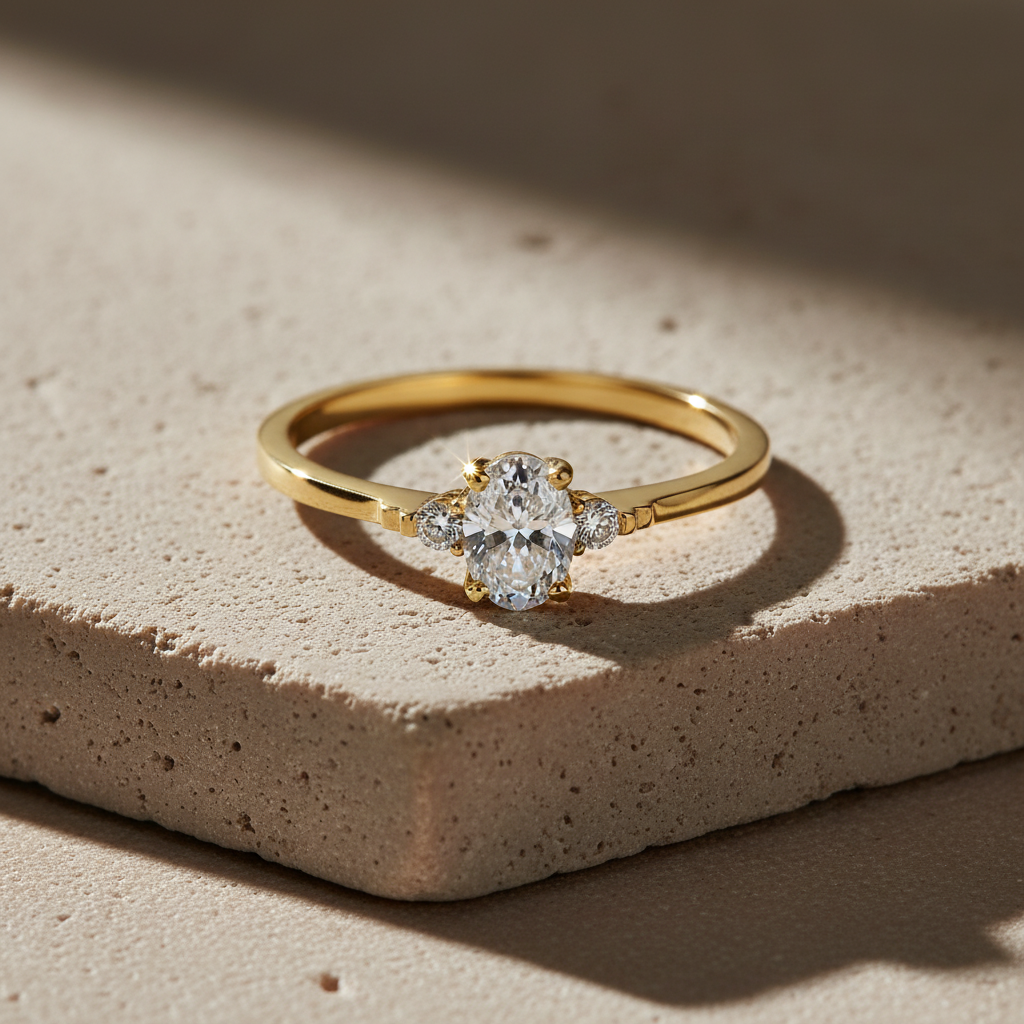 Vinali 14K Solid Yellow Gold Oval CZ Three Stone Engagement Ring for Women worn and styled