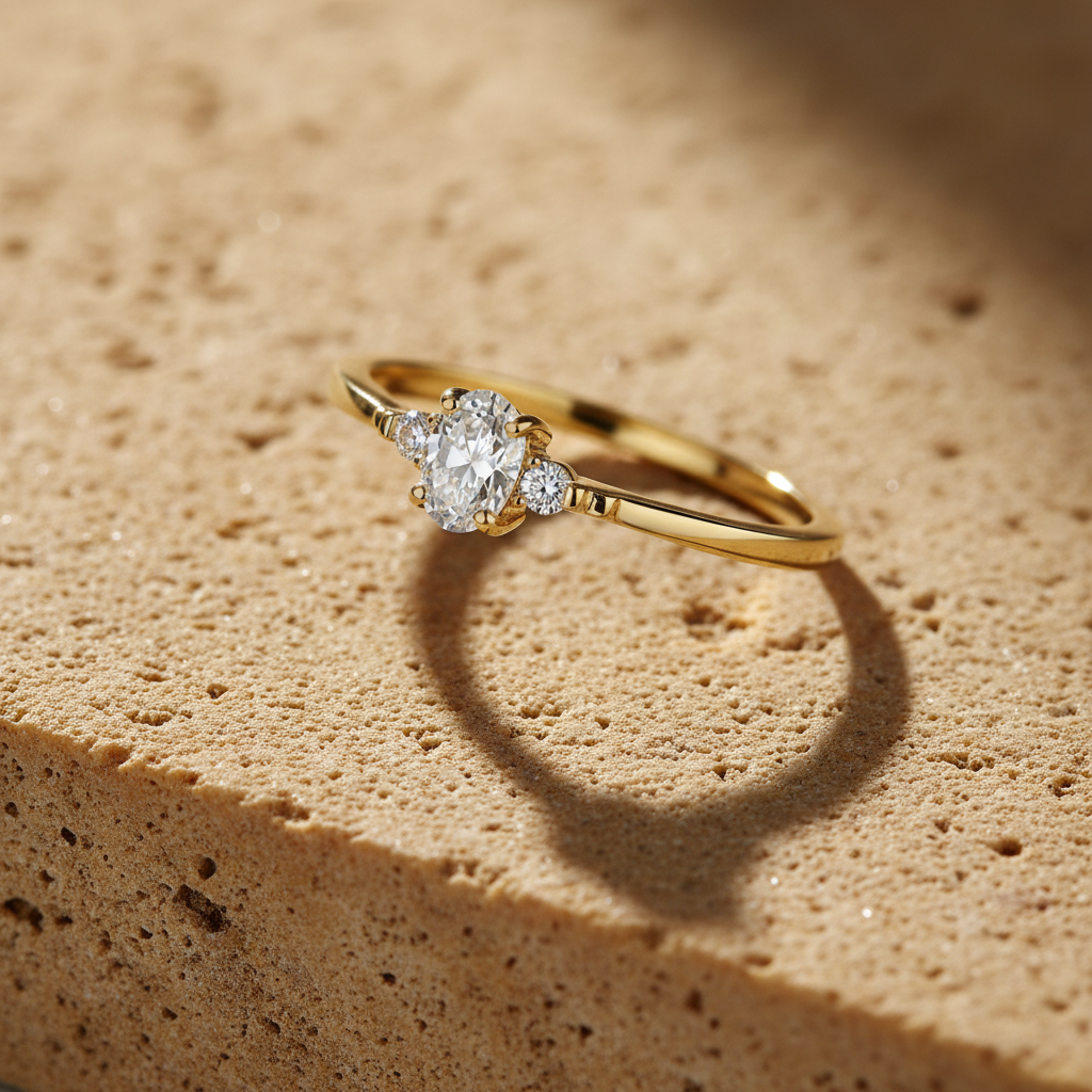 Vinali 14K Solid Yellow Gold Oval CZ Three Stone Engagement Ring for Women worn and styled