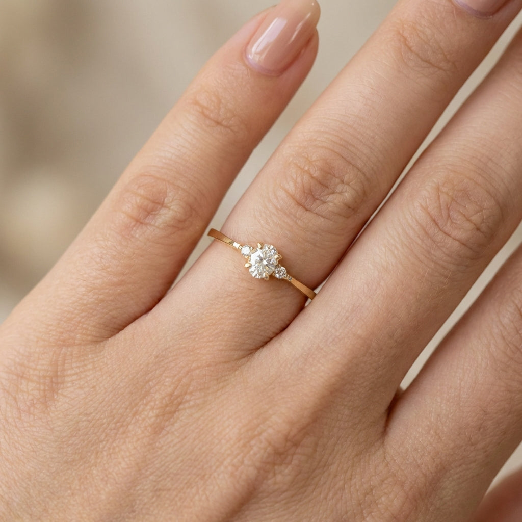 Vinali 14K Solid Yellow Gold Oval CZ Three Stone Engagement Ring for Women worn and styled