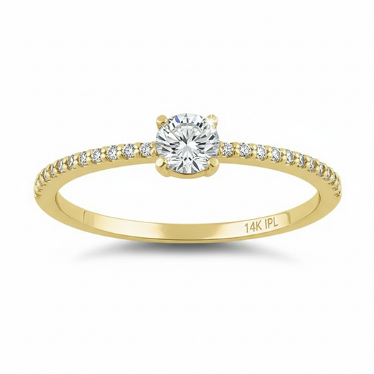 Vinali 14K Solid Yellow Gold 4mm Center Round CZ Solitaire Engagement Ring