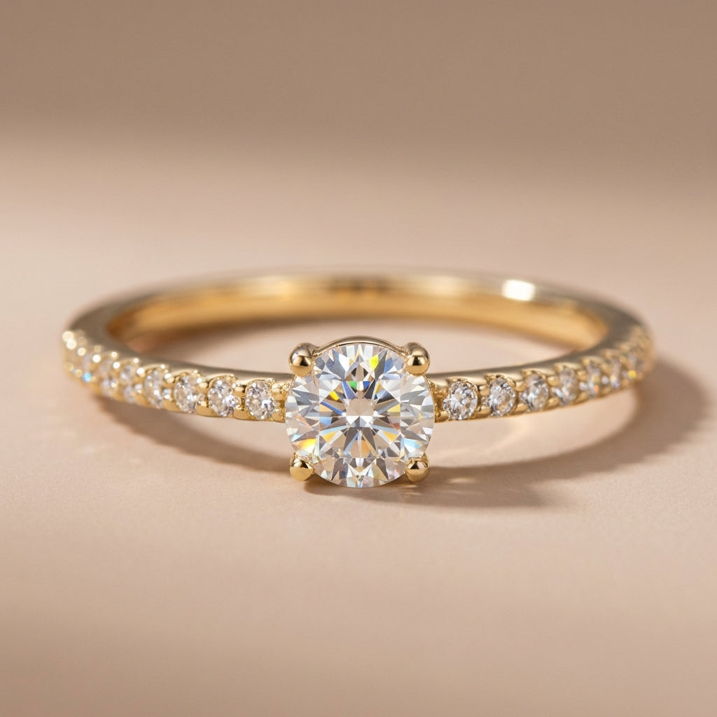 Vinali 14K Solid Yellow Gold 4mm Center Round CZ Solitaire Engagement Ring worn and styled