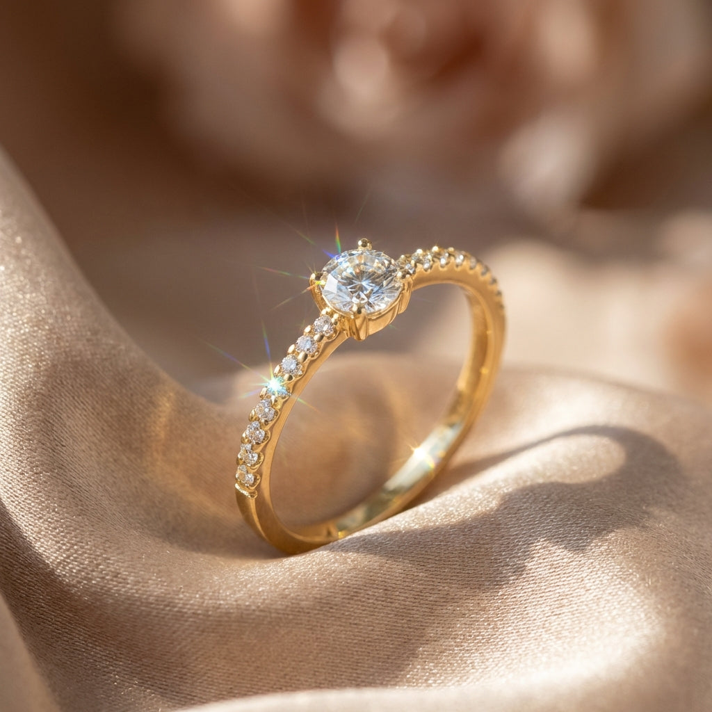 Vinali 14K Solid Yellow Gold 4mm Center Round CZ Solitaire Engagement Ring worn and styled
