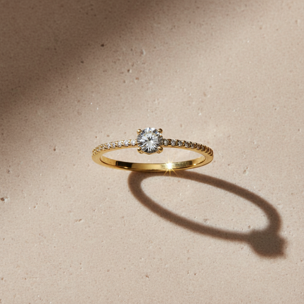 Vinali 14K Solid Yellow Gold 4mm Center Round CZ Solitaire Engagement Ring worn and styled