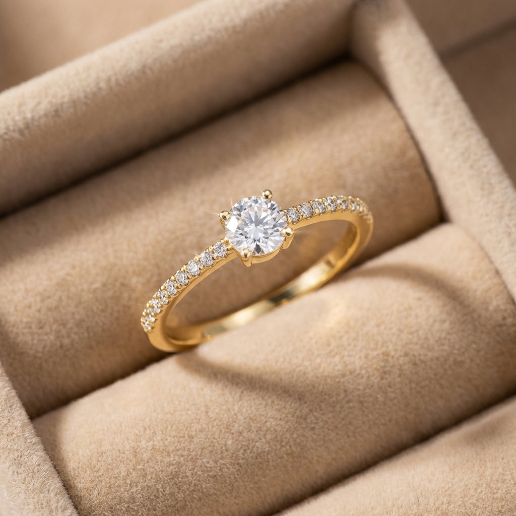 Vinali 14K Solid Yellow Gold 4mm Center Round CZ Solitaire Engagement Ring worn and styled