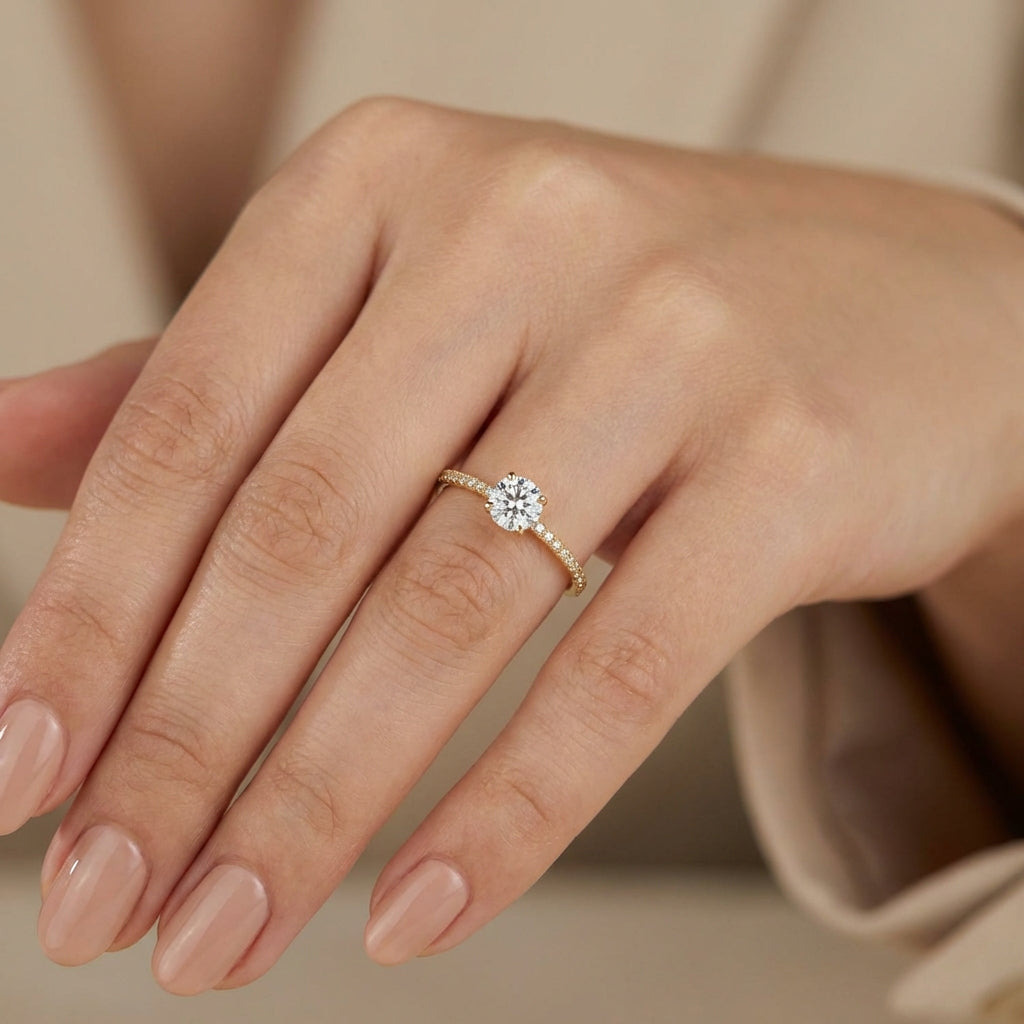 Vinali 14K Solid Yellow Gold 4mm Center Round CZ Solitaire Engagement Ring worn and styled